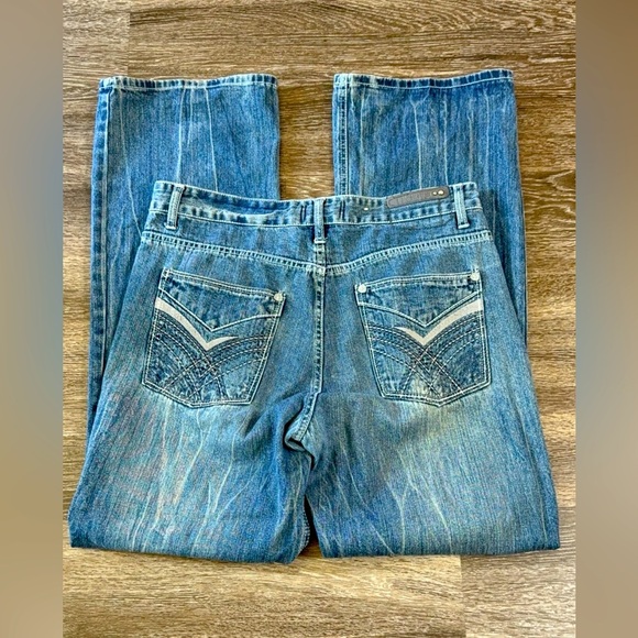 PracaWear Embroidered Distressed Straight Leg Y2K Denim Jeans Dark Wash - Picture 1 of 7